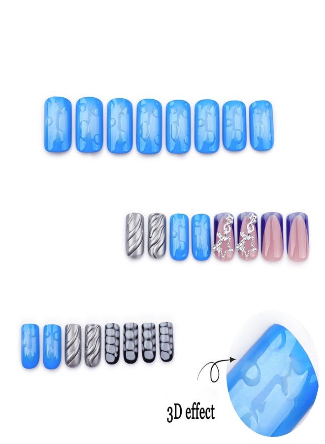 CJDLTS 3D Press On Nails - Short Square Metal Stars Chain Design False Nails - Full Cover Blue Smudge Artificial Acrylic Coffin Nails - Reusable Glue On DIY Stick On Nails for Women - 24 Pcs - Image 2